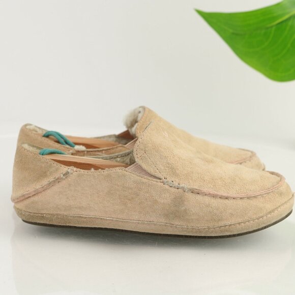 OluKai Womens Nohea Slip On Shoe Size 5 Tan Suede Sherpa Slipper Wool Shearling - Picture 5 of 12